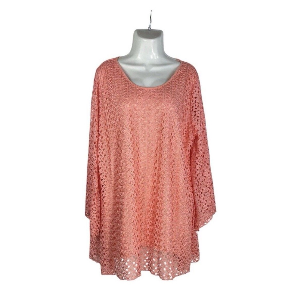 Frazzle Women XXL Coral Pink Lace Tunic Top Bell Sleeve Boho Blouse Cottagecore